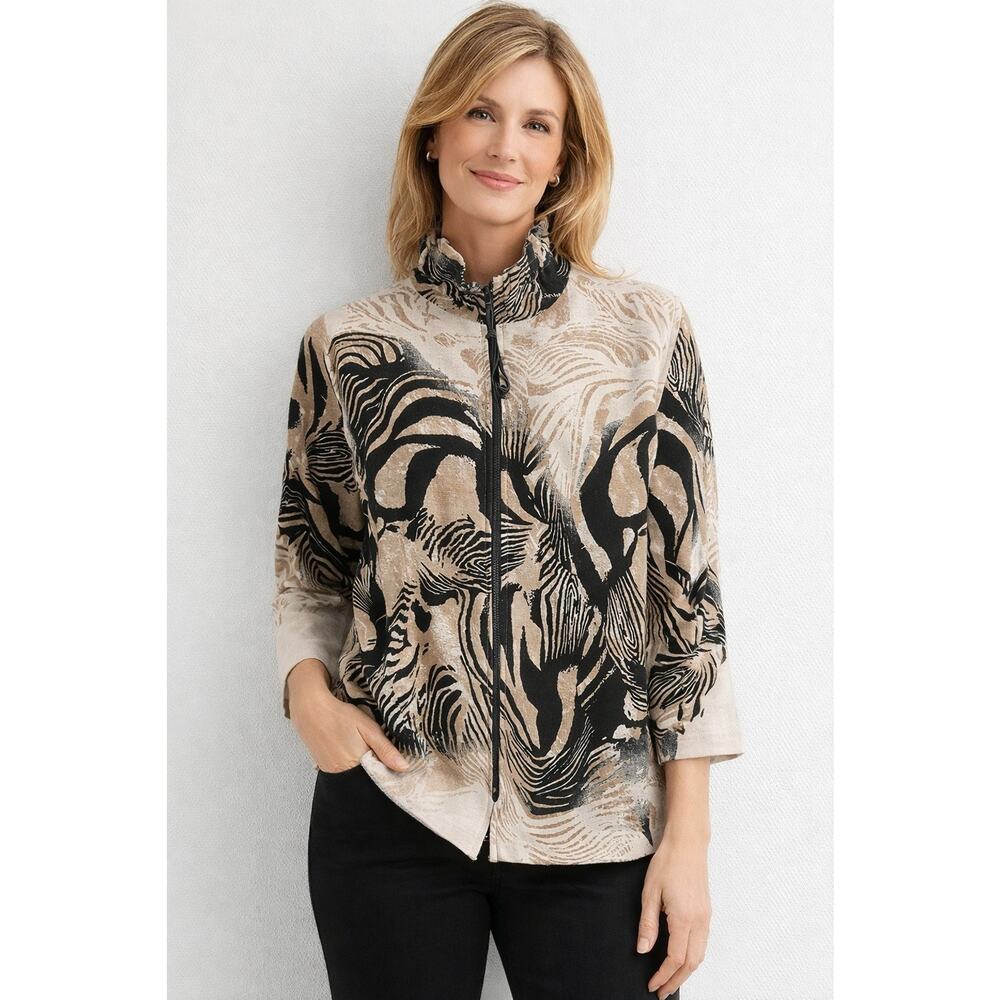 Caroline Rose XL Zebra Print Zip Jacket Artsy Neutral USA